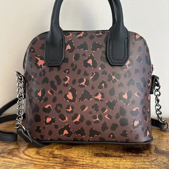 New Betsey Johnson Leopard Brown Satchel Crossbody Handbag Cat Face Black - Picture 3 of 4
